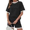 Stylish Striped Color-blocked Short-sleeved Loungewear Set For Women, Suitable For Wearing Outside.