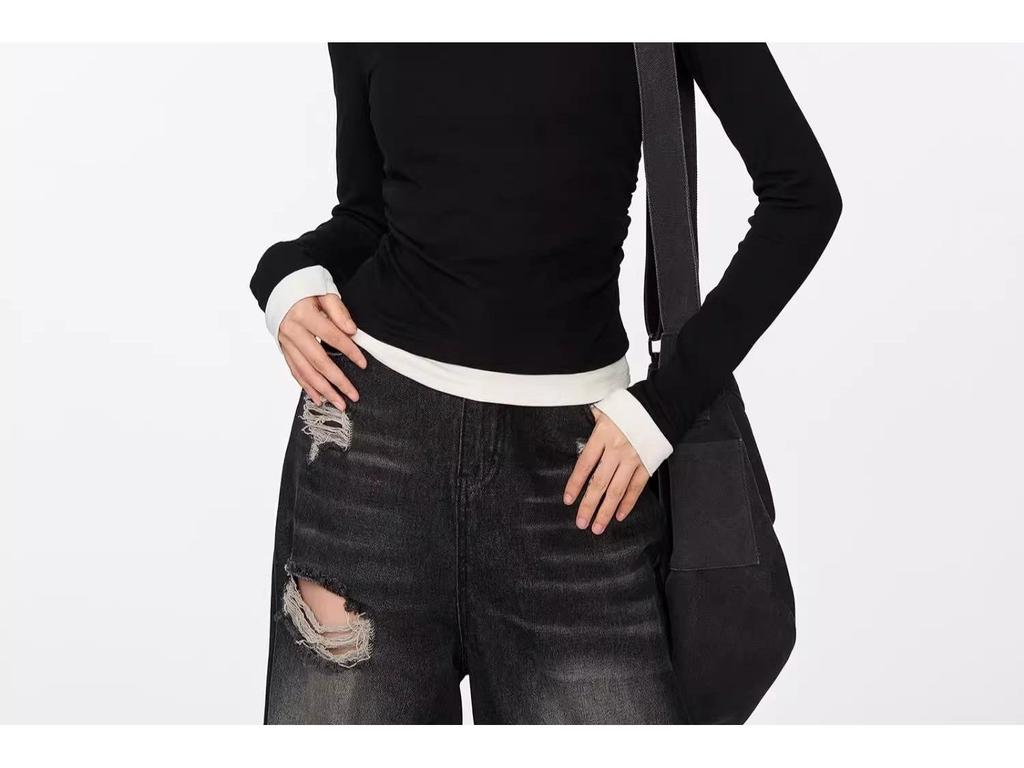 Black Faux Two-Piece Long-Sleeve T-Shirt - 2024 Spring/Autumn Pleated Color Block Slimming Fashion Top