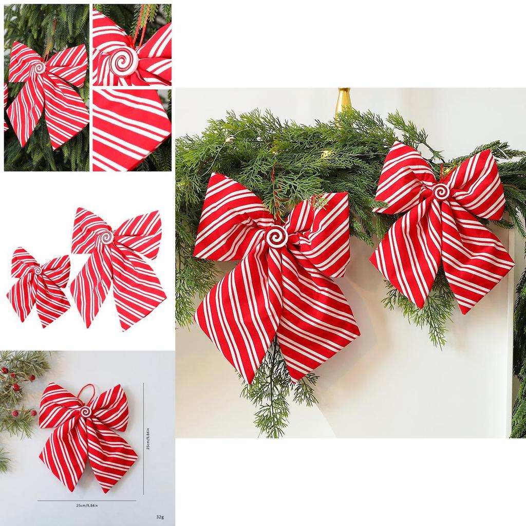 Red And White Diagonal Stripe Bow Pendant For Holiday Scene Decor