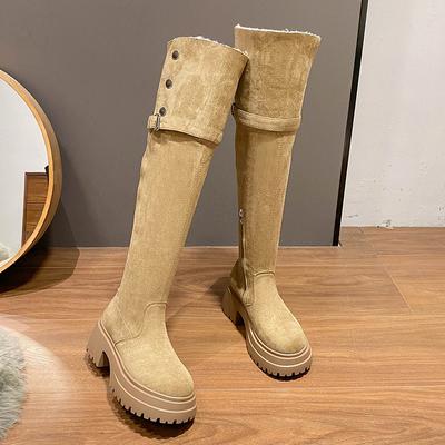 Over-the-knee laarzen voor dames, nieuwe herfst en winter 2025, kleine mensen verhogen hun lengte, en twee dragen gevouwen Maillard-laarzen, lange laarzen.