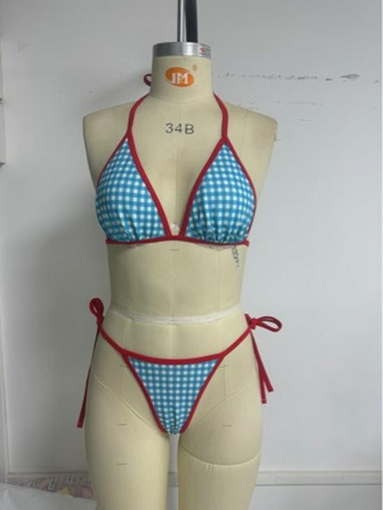 European & American Sexy Houndstooth Tie Halter Triangle Bikini Swimsuit for Women