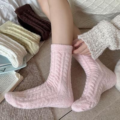 Australian Wool Autumn-winter Children's Powder Purple Cute Dopamine Color Mid-calf Socks, Warm Postpartum Socks, Thick Floor Socks