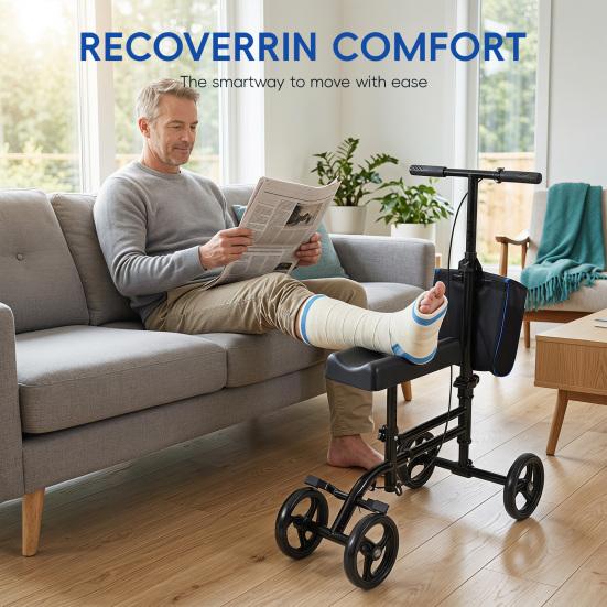 Adjustable Knee Walker Portable Scooter with Hand Brake, Foldable Lightweight Leg Comfortable Mobility Device for Foot & Ankle Injuries, Crutch