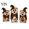 Solid Wood Seasonal Centerpiece 3Pcs Rustic Wooden Halloween Cat Tabletop Decor, Farmhouse Black Figurine Indoor Party Supplies with Witch Hat, Autumn