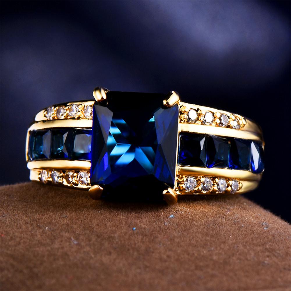 Fashion Female Blue Zircon Square Finger Ring Yellow Gold Color Wedding  For Women Party Accessories