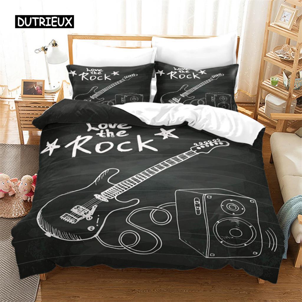 Guitar Queen Duvet Cover Rock Music Theme Bedding Set Grunge Color Splashed Brick Wall Background Electronic Guitar Mics Design