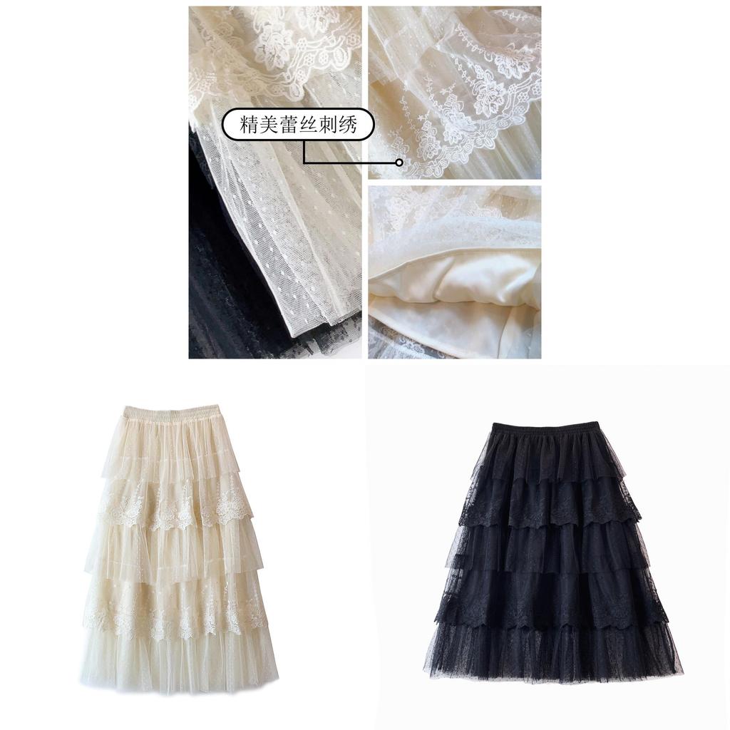 French Lace Spliced Maxi Skirt Summer Embroidered Cake Dress For Women