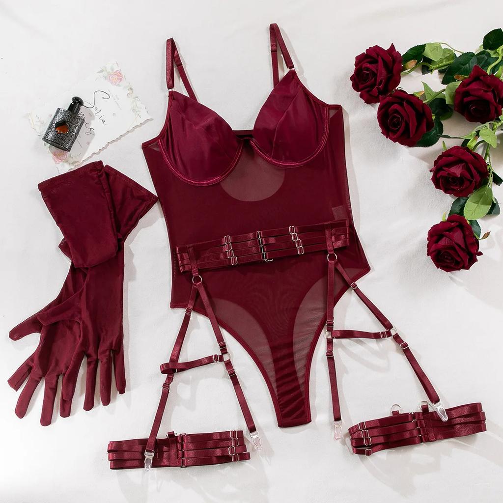Sexy Sensual Lingerie Sets For Women See Through Mesh Lace Tight Bodysuit With Gloves Garter Exquisite Underwear Erotic Costumes