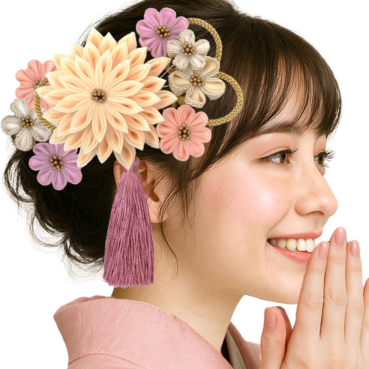 

hair accessory set for and and one size fits Two-piece furisode, coming-of-age ceremonies, hakama, yukata. Tsumami-zaiku (red, green, pink) wk-293 розовый