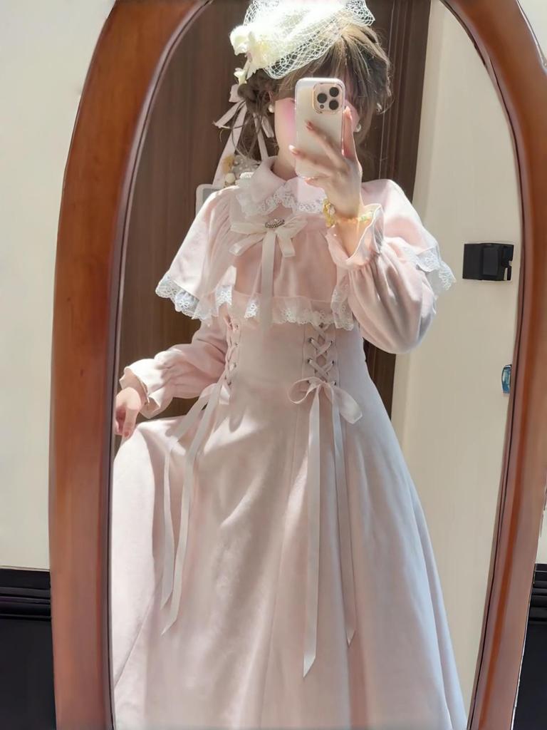Sweet Pink Lolita Lace Patchwork Skirt with Bowknot & Clear Style Cloak