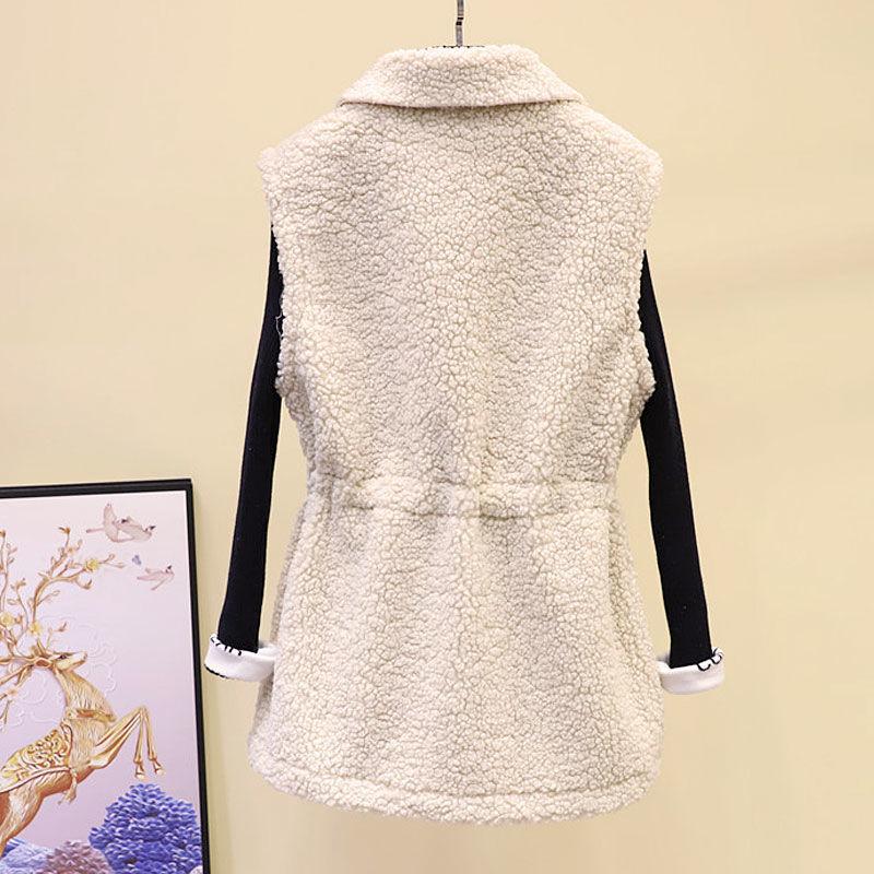 Lamb Wool Waistcoat Jacket Female Autumn and Winter Loose Mid-length Outer Jacket Solid Color Pocket Sleeveless Sweater