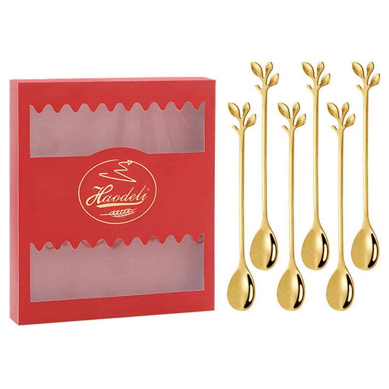 6PCS/Set Stainless Steel Gold Leaf Coffee Spoon 16.4cm Ice-Cream Tea Stirring Spoons for Tea, Coffee