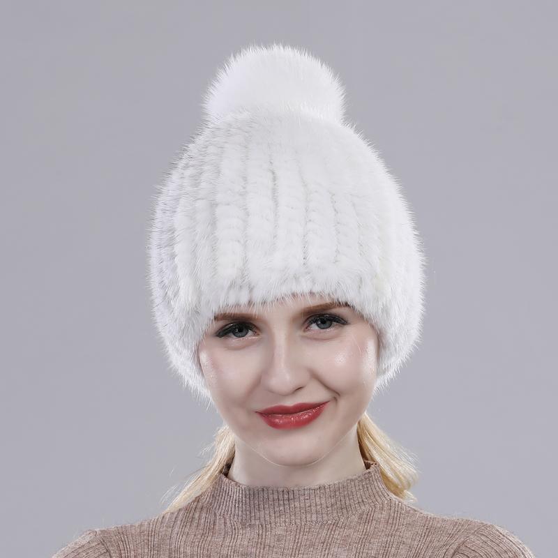 

Женские зимние вязаные шапки из 100% натурального меха норки, теплая шапка из натурального меха норки с помпонами из лисьего меха, женская шапка из натурального меха otidoor 53cm-60cm чёрный/белый