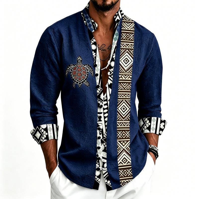 Men's Standing Collar Long Sleeved Shirt with Turtle Ethnic Geometric Pattern Printed Breathable Outdoor Casual Men's Top
