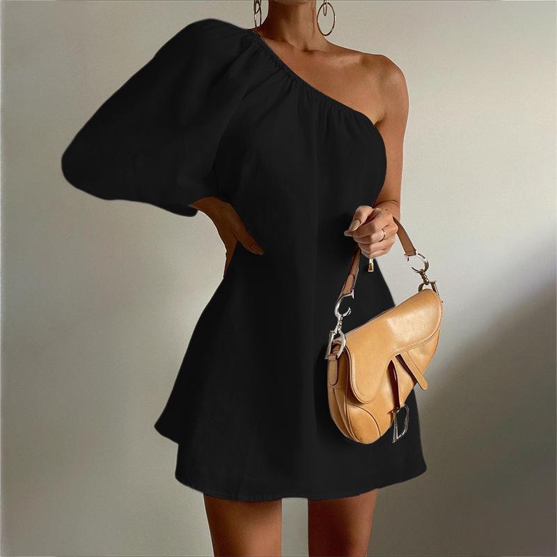 Spring Women's Fashionable Loose Slimming Slanted Shoulder Short Dress