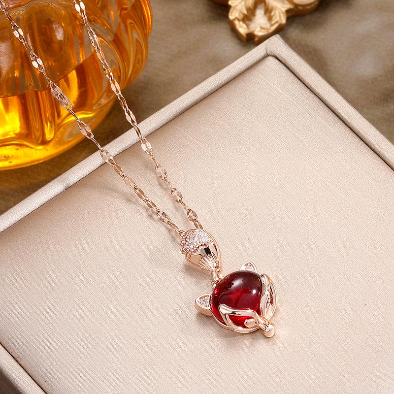 Ruby & Diamond Fox Pendant Titanium Steel Necklace - Women's Fashion Versatile Clavicle Chain Jewelry