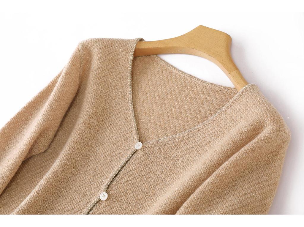 Elegant Lurex-Tassel V-Neck Pure Wool Cardigan: Women's Loose Slimming Knitwear Top