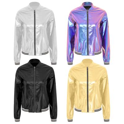 Womens Holographic Bomber Jacket Metallic Shiny Long Sleeve Zipper Front Striped Band Baseball Coat