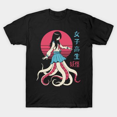 Men Black Print T-shirt Super Large TShirtYokai School Girl No-Cut Transfer Paper Print Cotton Tshirt