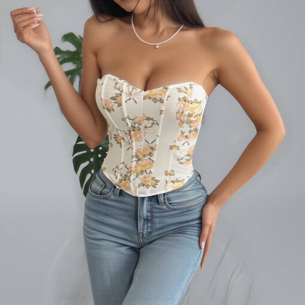 European & American Sexy Backless Floral Fishbone Camisole