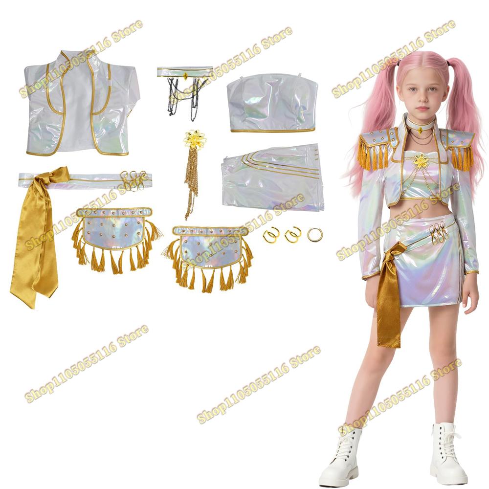 Costum de Performanță Alb Auriu pentru Copii KPOP Huntrix Rumi Zoey Mira Costum Cosplay Perucă KPop Vânătorii de Demoni Uniformă Petrecere Halloween