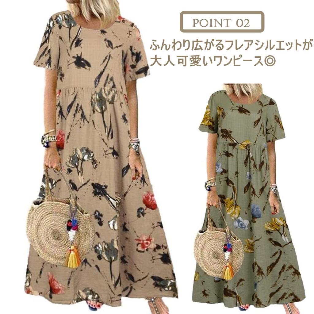 Nibunnoichi Style Botanical Floral Print Puff Resort [1/2style] Dress, Long, Casual, Sleeves, Style, Women's (Khaki, L)
