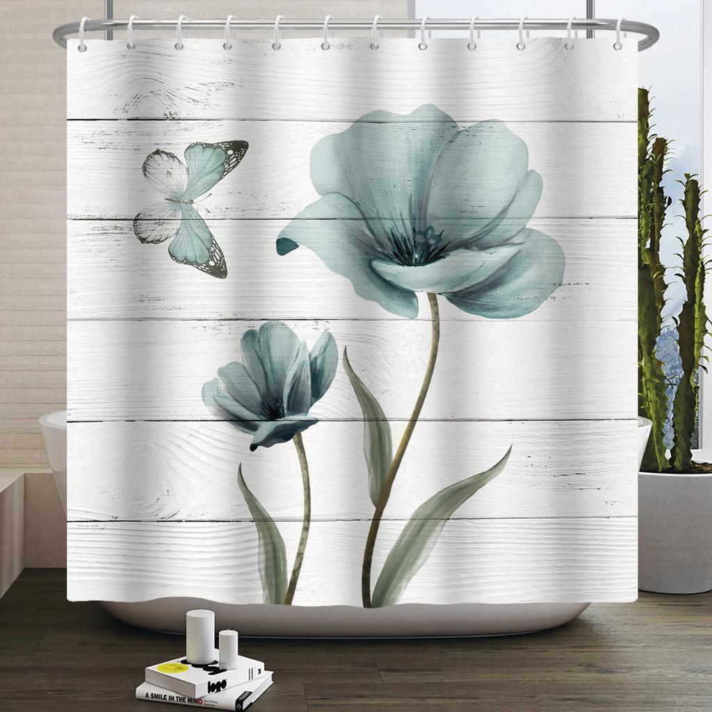 Rustic Sunflower Daisy Shower Curtain Butterfly Floral Vintage Country Farmhouse Flower Wooden Board Waterproof Bathroom Curtain
