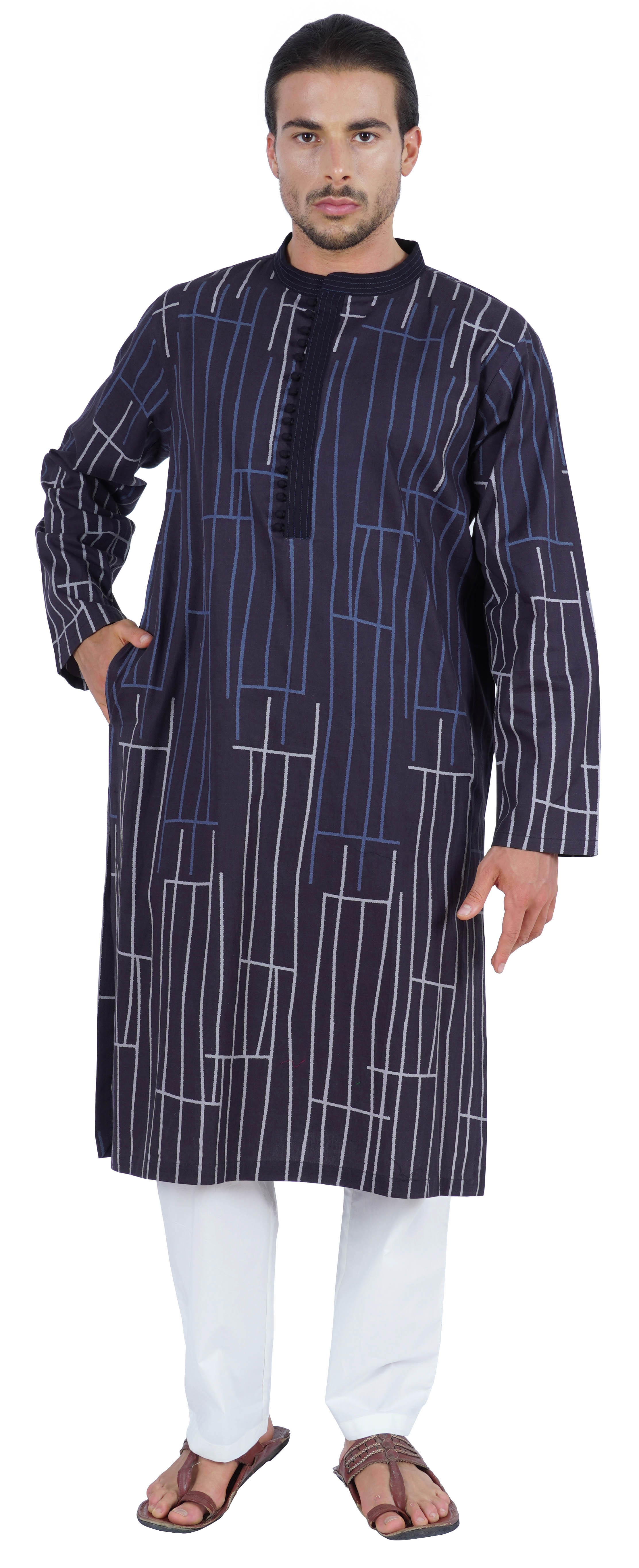 

Atasi Курти з довгими рукавами для чоловічого традиційного одягу з мандариновим коміром XXL джинсовий синього кольору