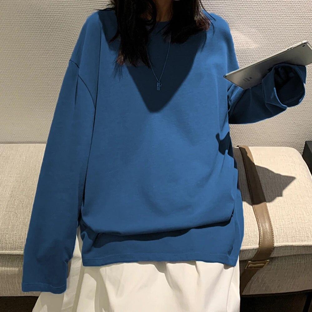 100% Cotone 20224 Primavera Nuovo Maglietta a Maniche Lunghe Donna Maglietta Basic Maglietta Oversize Donna Casual Girocollo Maglietta Donna Taglia USA