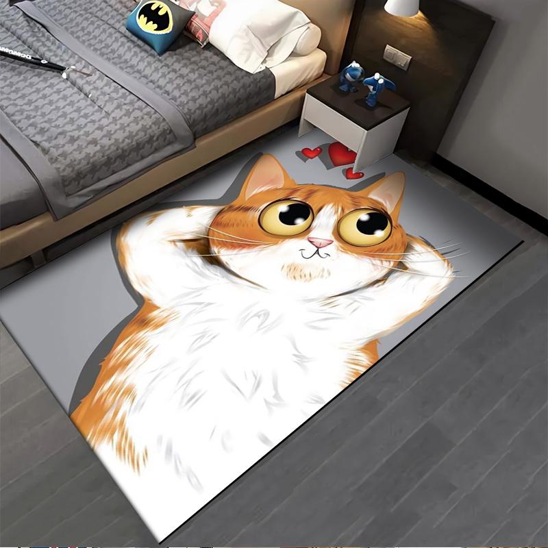 Cute Cartoon Cat Rug with Big Eyes and Hearts, Gray Background Carpet Suitable for Use As an Anti-slip for Living Room Bedroom Sofas