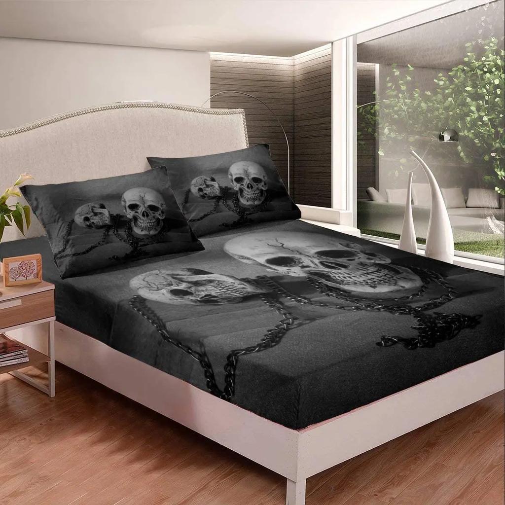 3D Dead Sugar Skull Girl Kissing Skull Home Bed Fitted Sheet Set Soft Microfiber Breathable Bedding All-Round Elastic Pocket