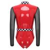 Dame Sjakkbrett Racer Bil Halloween Cosplay Speed ​​Racer Driver Bodysuit Sjakkbrett Lær Trikot Jumpsuit Sexy Uniform