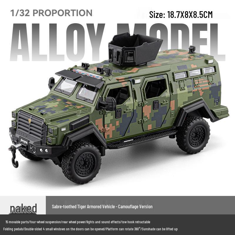 Saber-toothed Tiger Camouflage Armored Sound & Light Pull-back Alloy Toy Car (1/32 Scale)