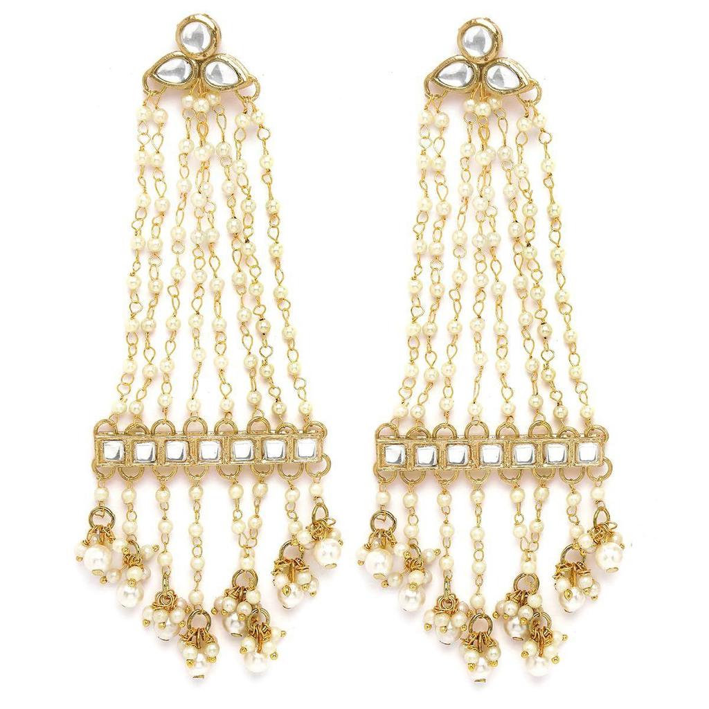 Pearl Chain Kundan Drop Earrings for Women