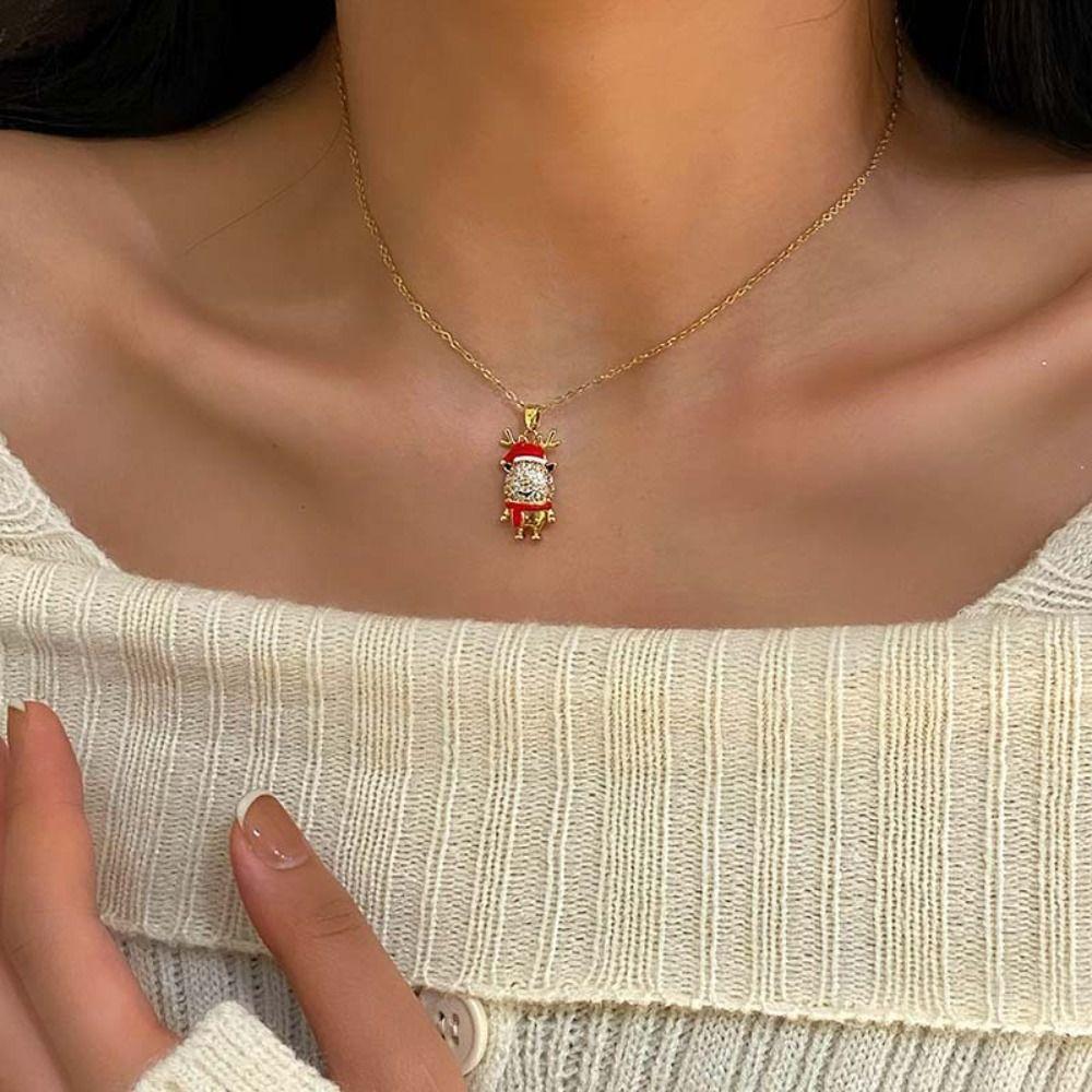 Santa Claus Cartoon Pendant Bracelet Socks Xmas Clavicle Chain Christmas Rhinestone Necklace  Gift
