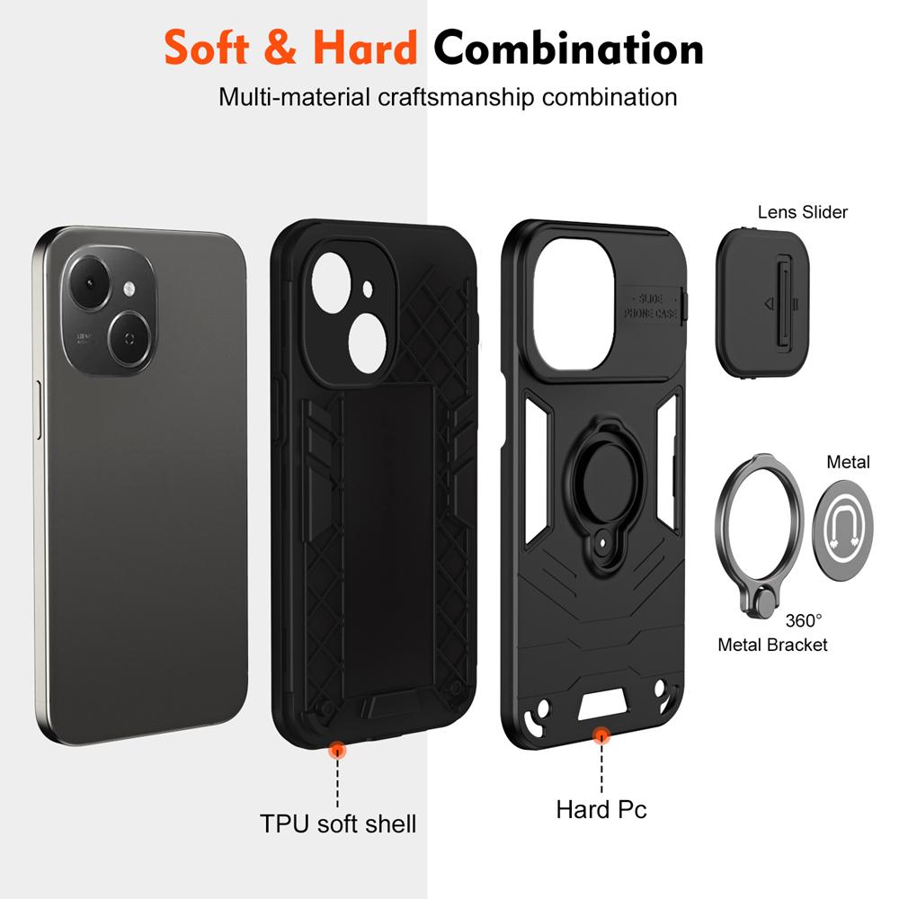 KEYSION Shockproof Armor Case for TECNO Spark 40C 4G Slide Camera Lens Protection Ring Stand Phone Back Cover for Spark 40C
