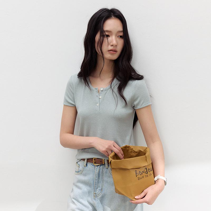 Summer Tencel Acetate Linen Short-Sleeve Women's New Knitted Slim-Fit Top