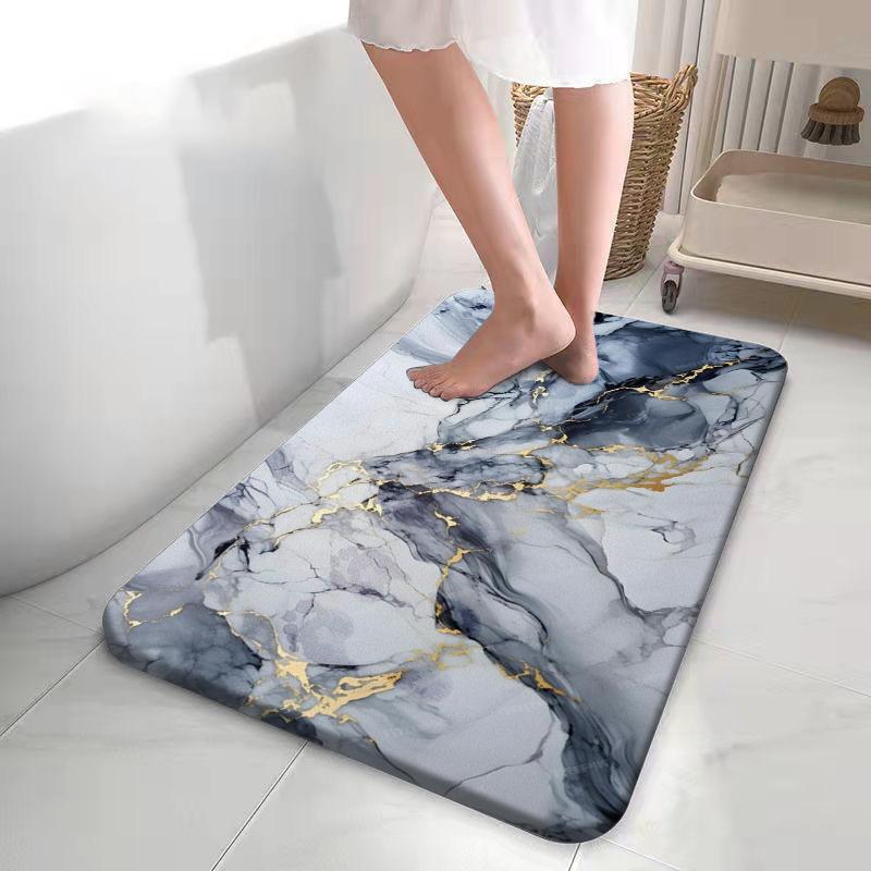 Grey Blue Gold Crackle Marble Bath Rug Sophisticated Stone Texture Non-Slip Silicone Backing Mat