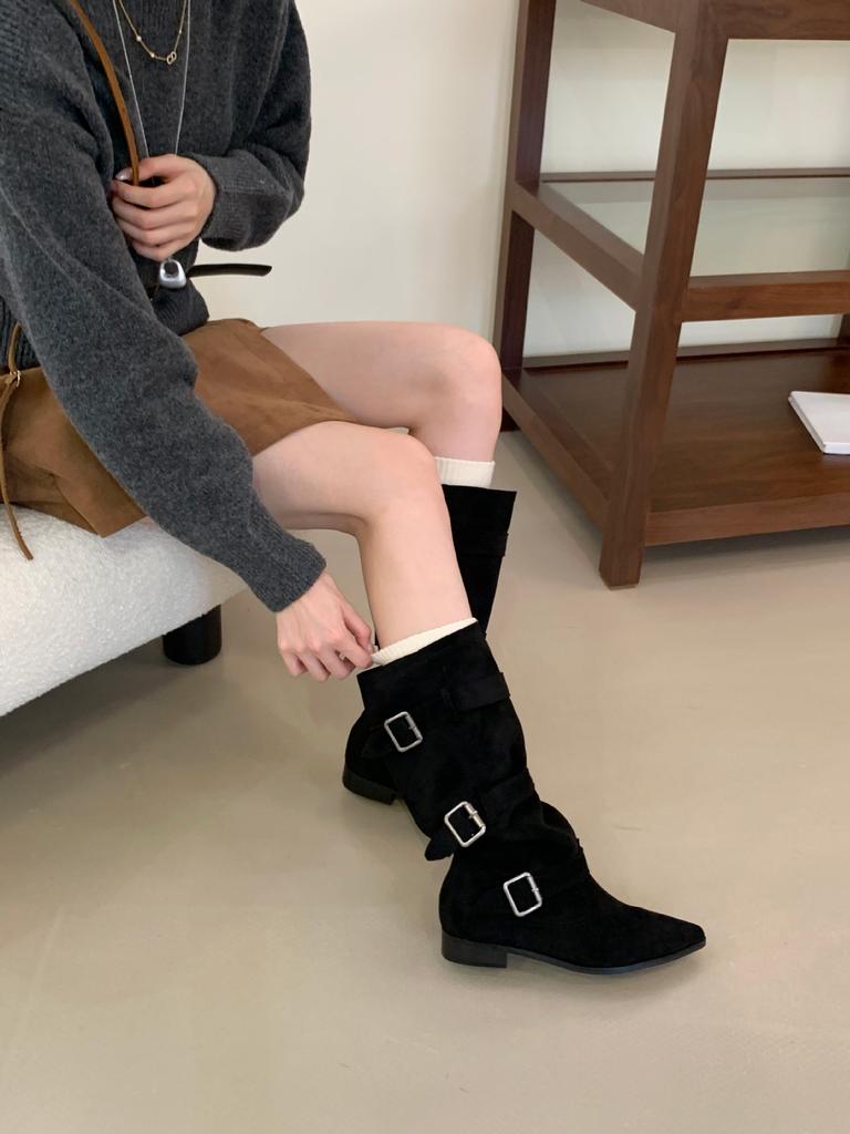 2025 Autumn and Winter New Small Pointed Head Tall Tube Thin But Knee Thick Heel Belt Buckle Knight Women's Boots