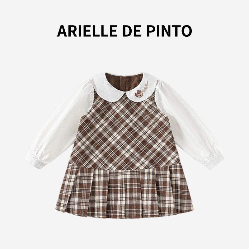 French Arielle De Pinto Girls Dress Early Autumn Stylish Doll Collar Shirt Dress Plaid Dress Rice Brown Grid 140