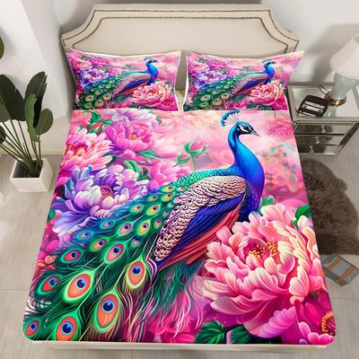 Cearceaf de pat cu elastic Frumos Păun Mărime Dublă, Set de lenjerie de pat Fluture Acuarelă pentru Decor Camera Copil Fată, Husă de pat cu fețe de pernă