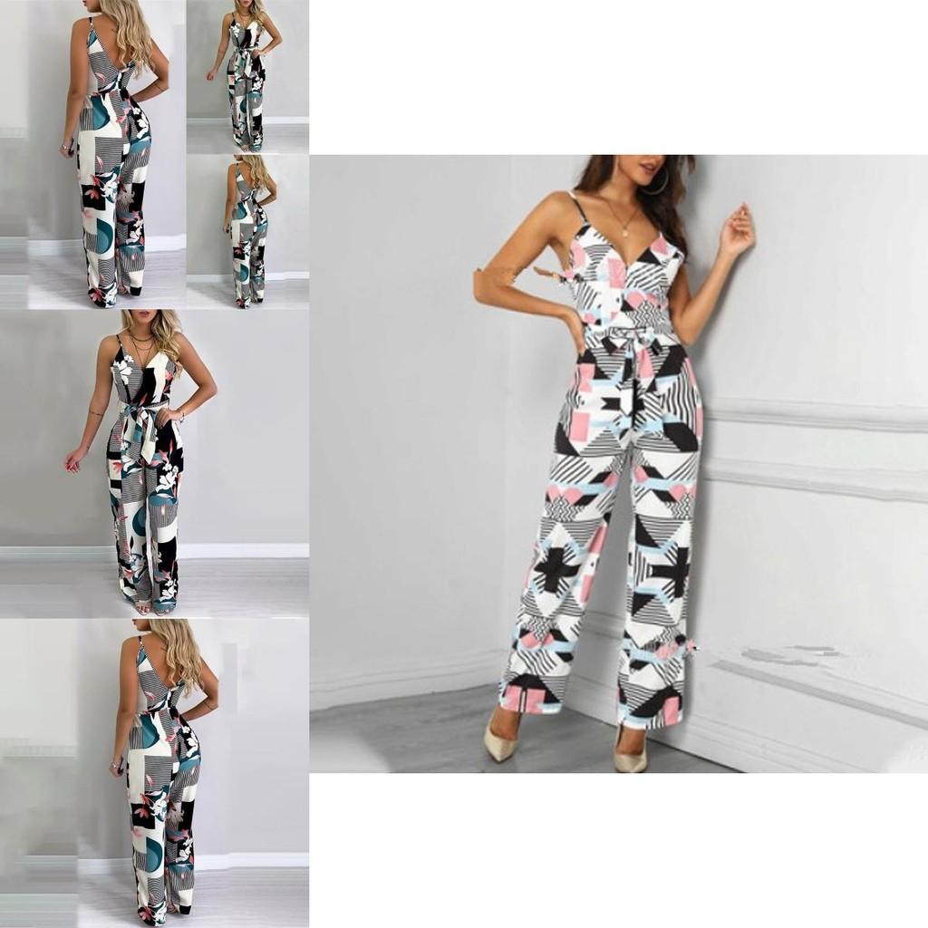Elegant Multicolor Women Strappy Wide Leg Long Playsuit With V-neck Design