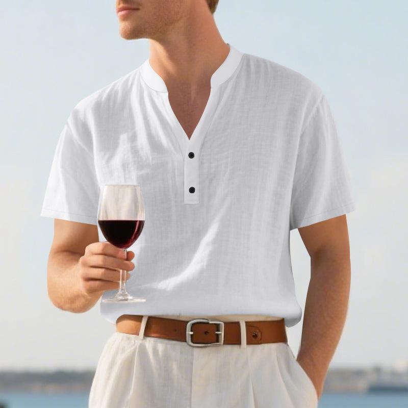 Summer European and American Men's Casual Loose Shirt Casual Stand-up Collar Button-down Linen Short Sleeves