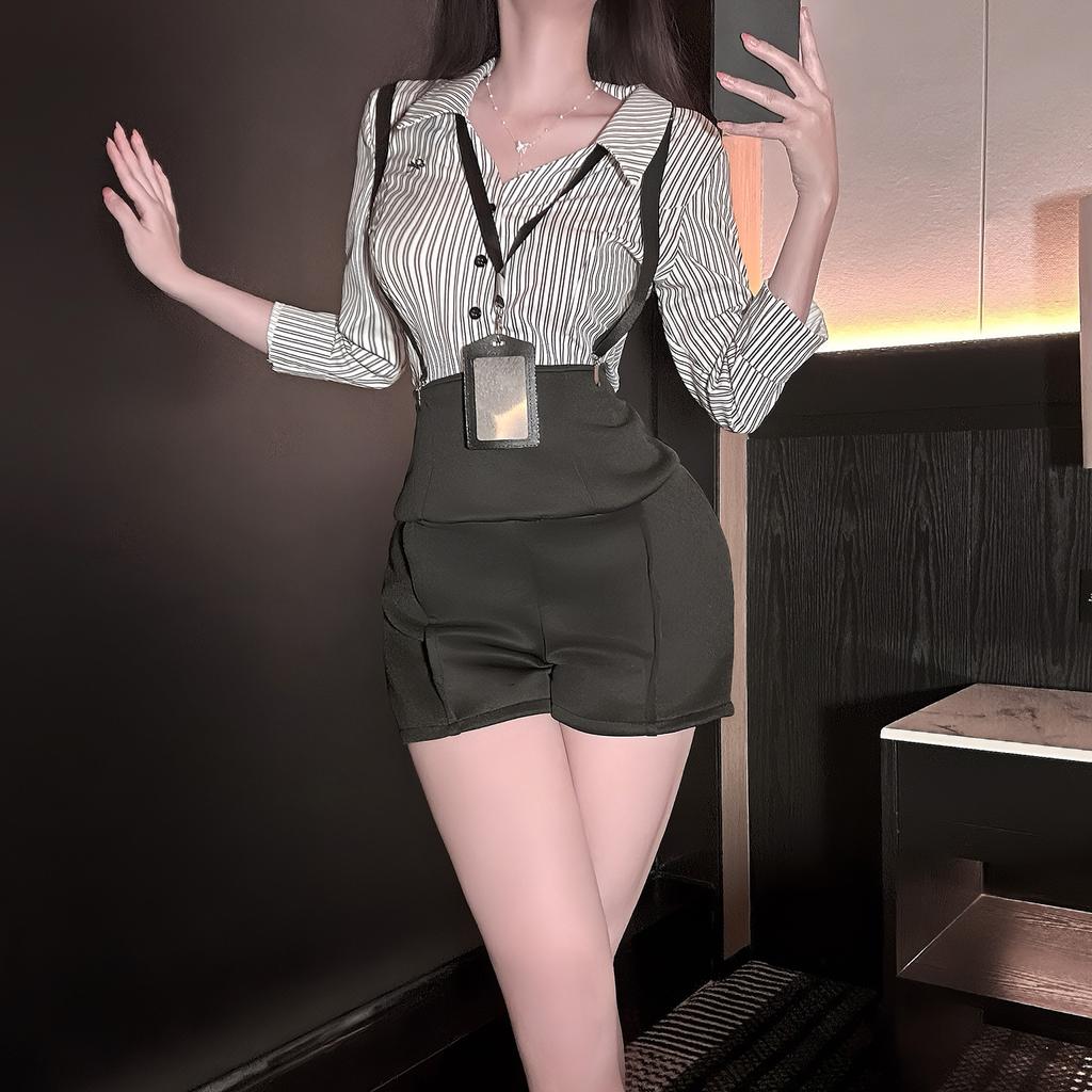 Sex underwear large size sweet and spicy pure desire temperament royal sister style striped shirt top high waist strap shorts women