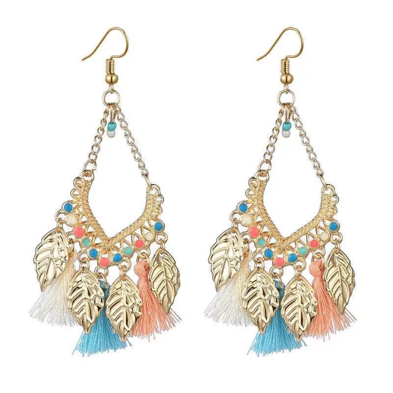 Ethnic Fan-shaped Tassel Dangle Earrings For Women Bohemian Gold Color Leaf Silk Fabric Drop Earring Female Party Jewelry