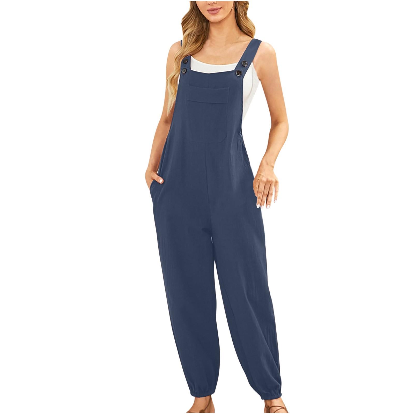 

Women s Fashionable Casual Color Sleeveless Vest Cotton Linen Jumpsuit Pocket Overalls XL