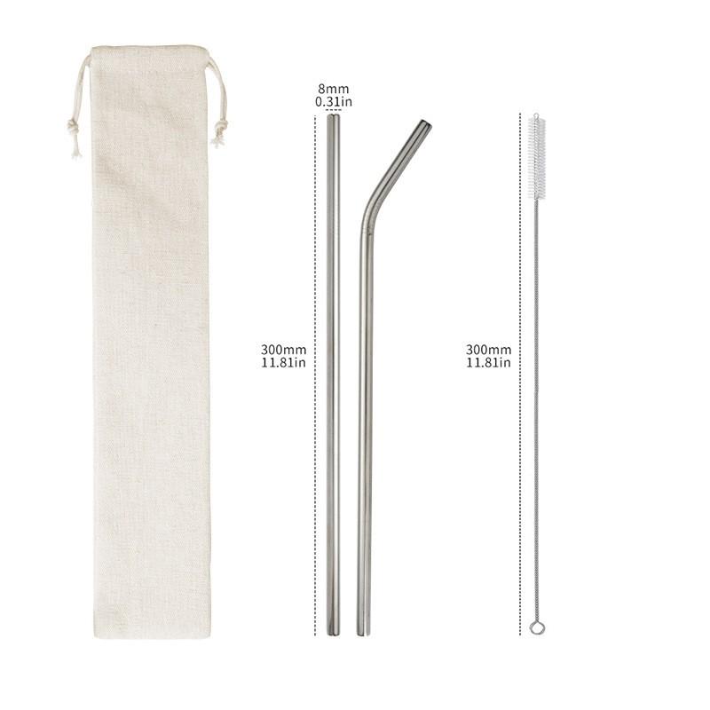

304 stainless steel straw set, reusable with cleaning brush bag серебряный
