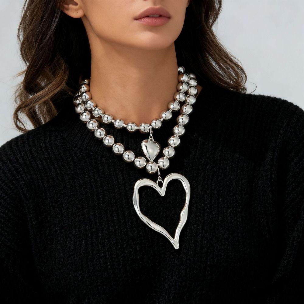 Adjustable Big Heart Pendant Necklace Exaggerated Double-layer Choker Chain Jewelry  Party Wear