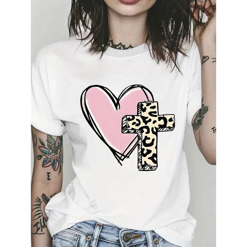 Plus Size - Plus Size - Plus Size, Women S Plus Size Large Pink Heart And Black Leopard Print T-Shirt - Short Sleeve Round Neck Casual Elegant Top S белый