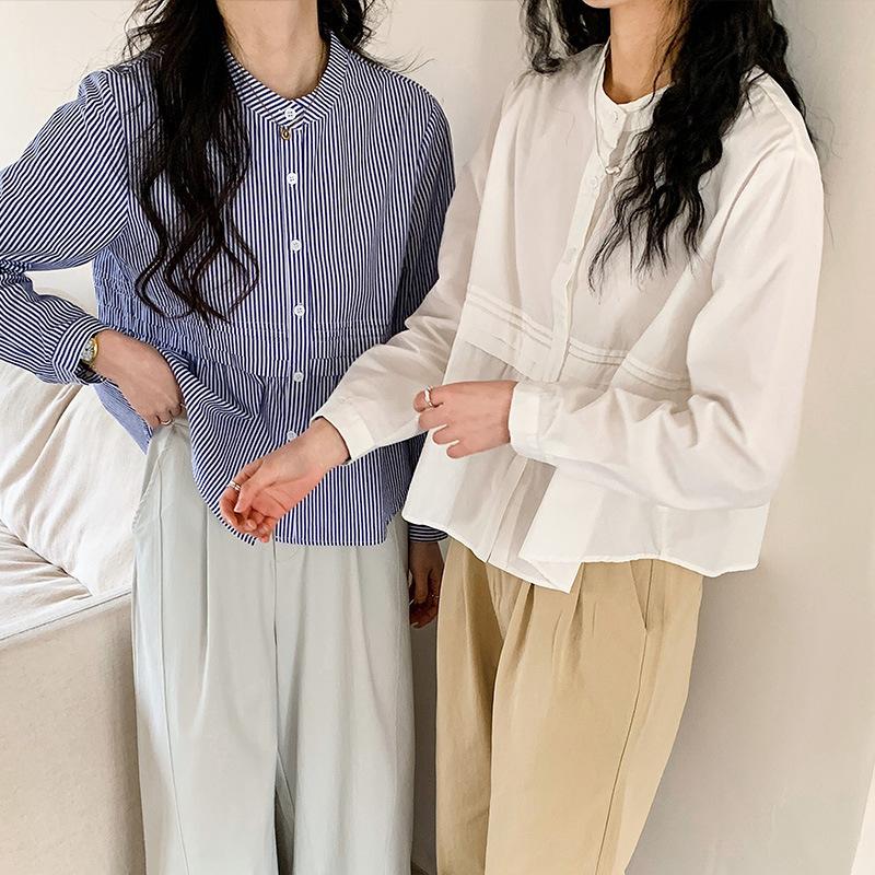 

New Spring Dress for Women s Striped Long-sleeved Shirt Round Neck Pleated Design Loose and Slimming M синій